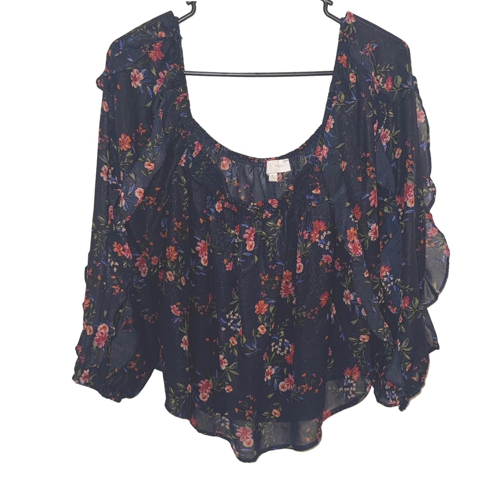 Love & Piece Collective Navy Floral Ruffle Sleeve Smocked Scoop Neck Blouse XL